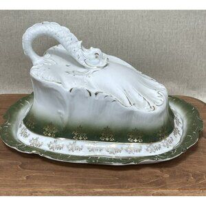 Vintage Glazed Green White Gold Cheese Keeper Butter Dish Dragon Handle